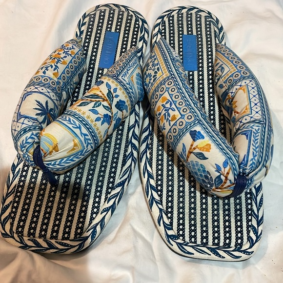 Farm Rio Navy Puffy Blue Palm Tree Printed Flip Flop Sandals Size 10 - Picture 3 of 4